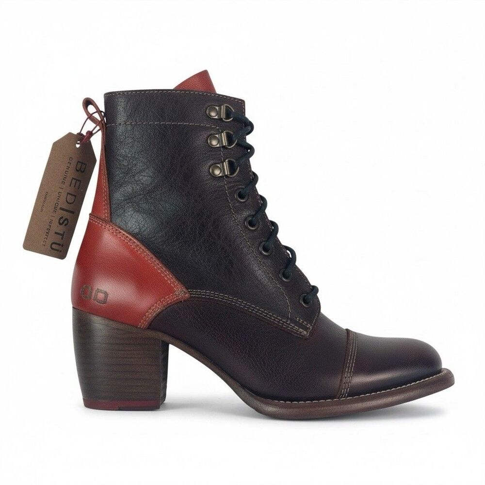 Bed Stu Judgement Leather Lace Up Boots sz 9 Black Red Heel Combat Boho Grunge